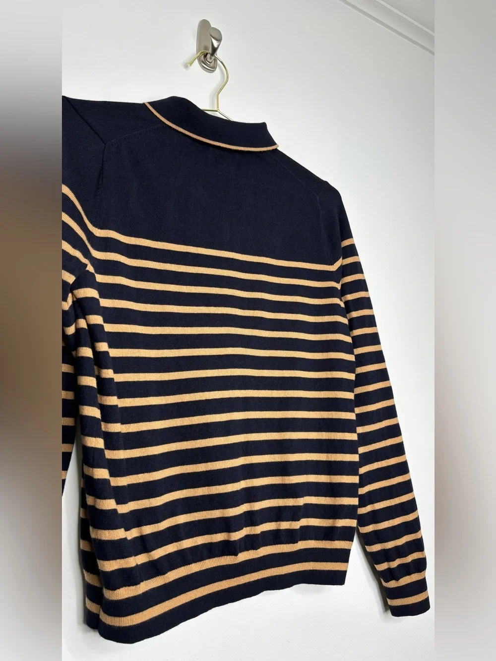 Boden Liz Henley Jumper Navy Camel Stripe Gold Button Knit Sweater Size M
